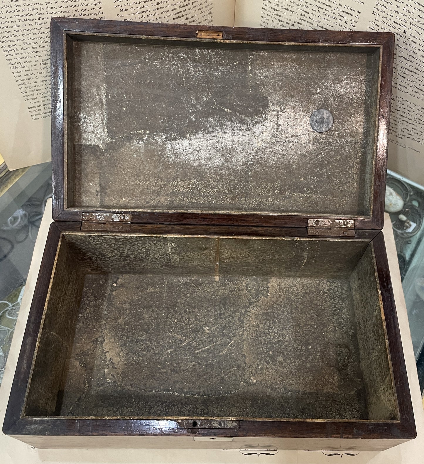 RARE Large Antique French Mother of Pearl Inlay Cigar Box Flowers dated 1861
