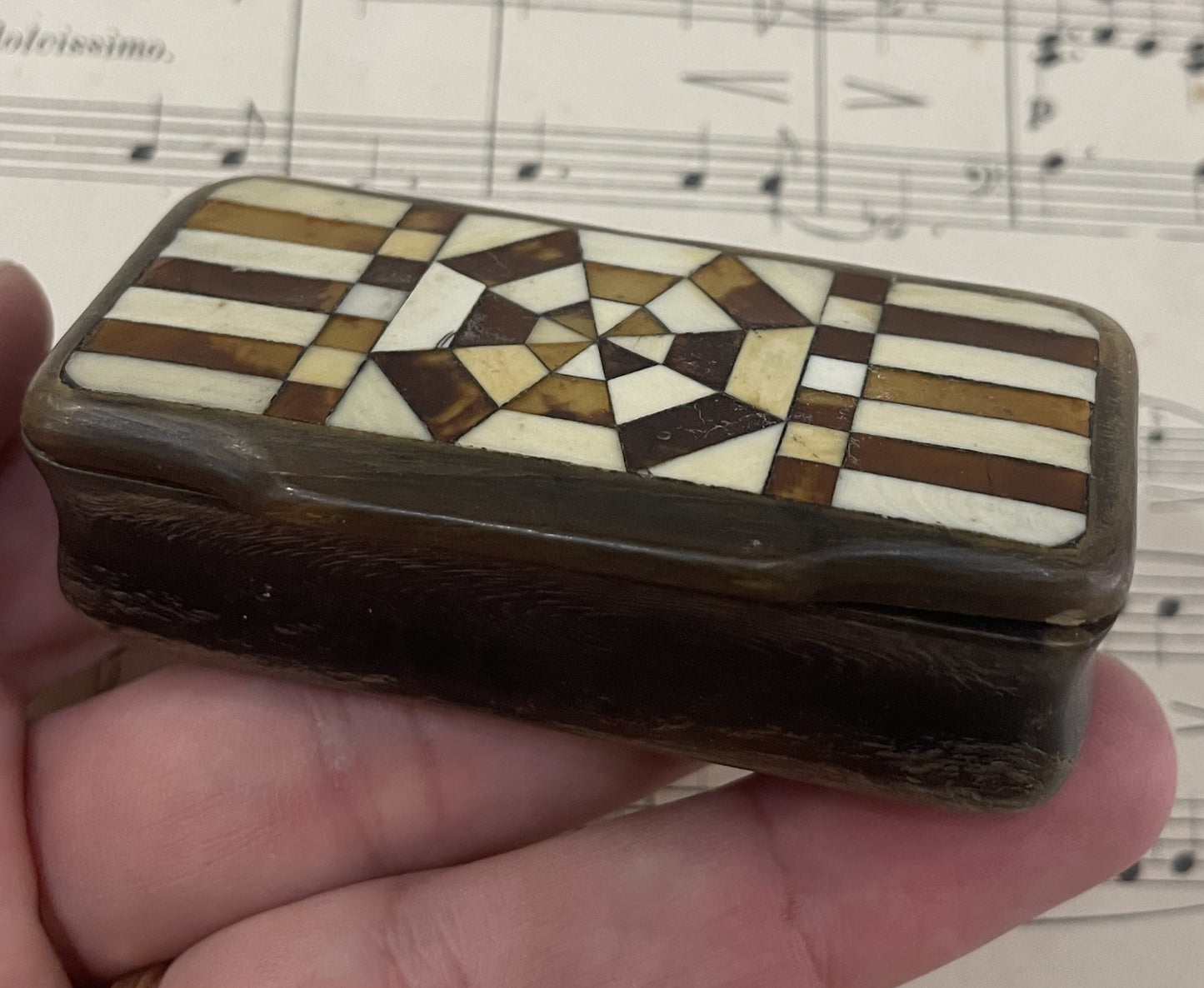 Antique French Carved Horn Snuff Box Inlaid Marquetry c1880