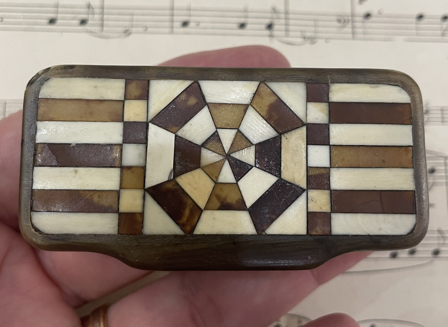 Antique French Carved Horn Snuff Box Inlaid Marquetry c1880