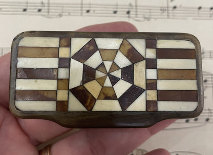 Antique French Carved Horn Snuff Box Inlaid Marquetry c1880