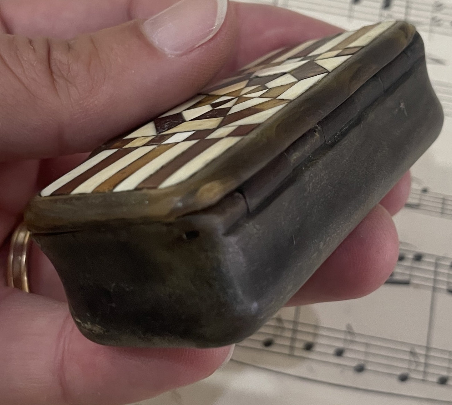 Antique French Carved Horn Snuff Box Inlaid Marquetry c1880