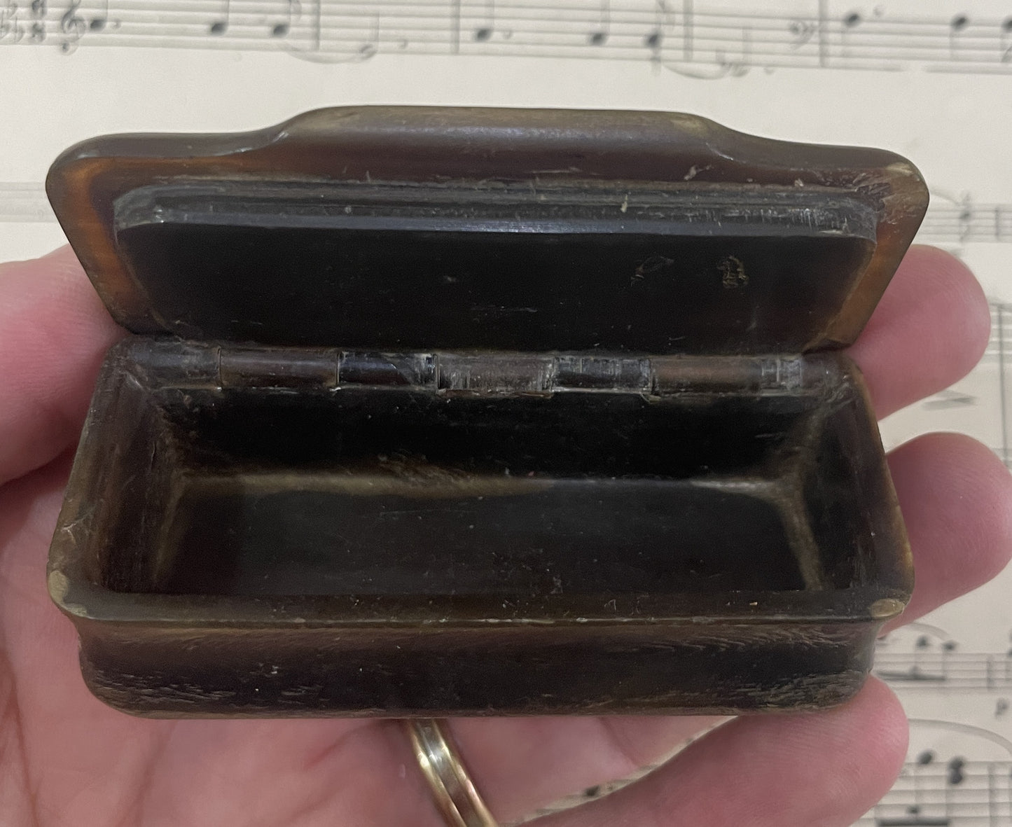Antique French Carved Horn Snuff Box Inlaid Marquetry c1880