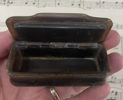 Antique French Carved Horn Snuff Box Inlaid Marquetry c1880