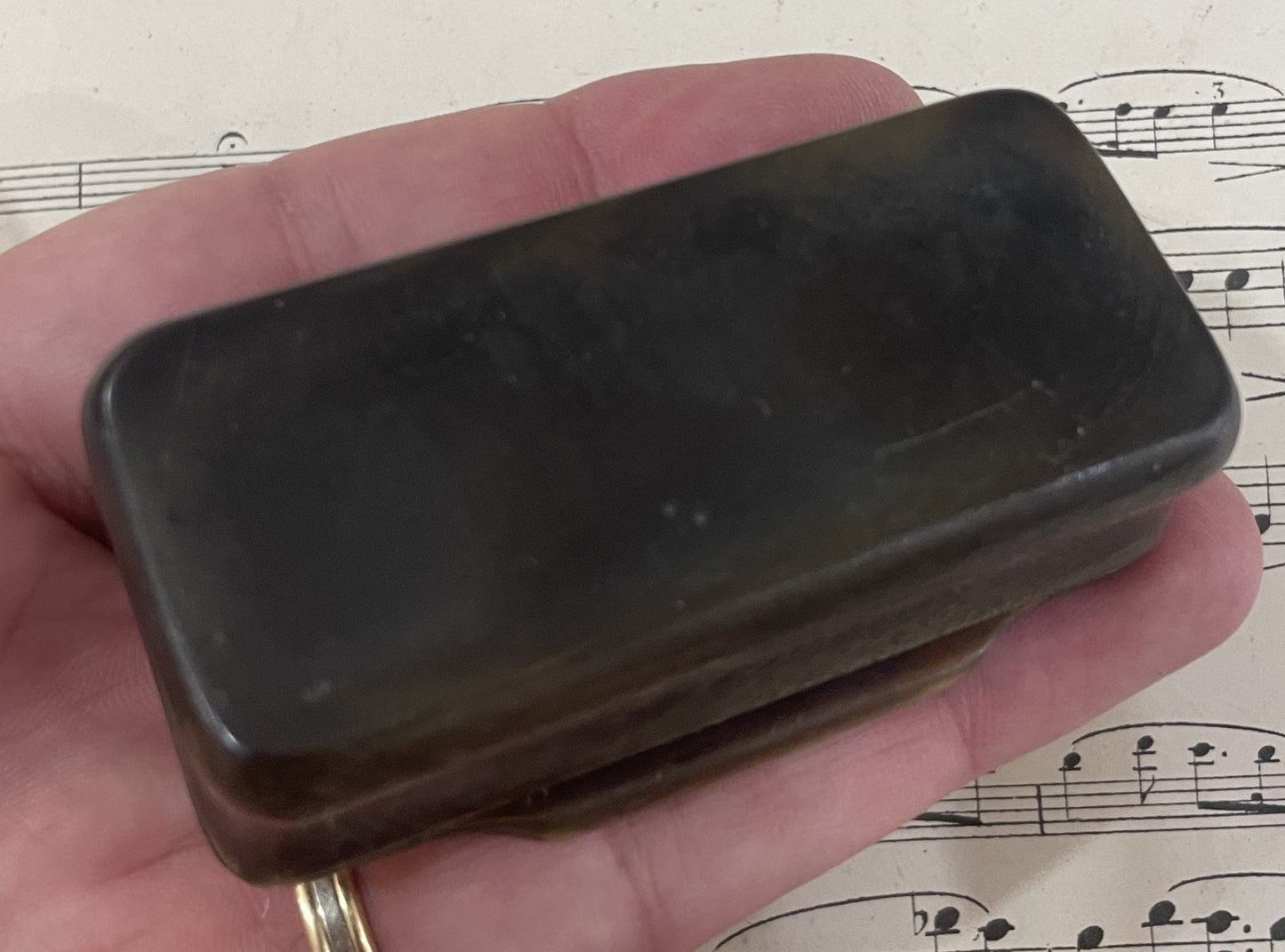 Antique French Carved Horn Snuff Box Inlaid Marquetry c1880