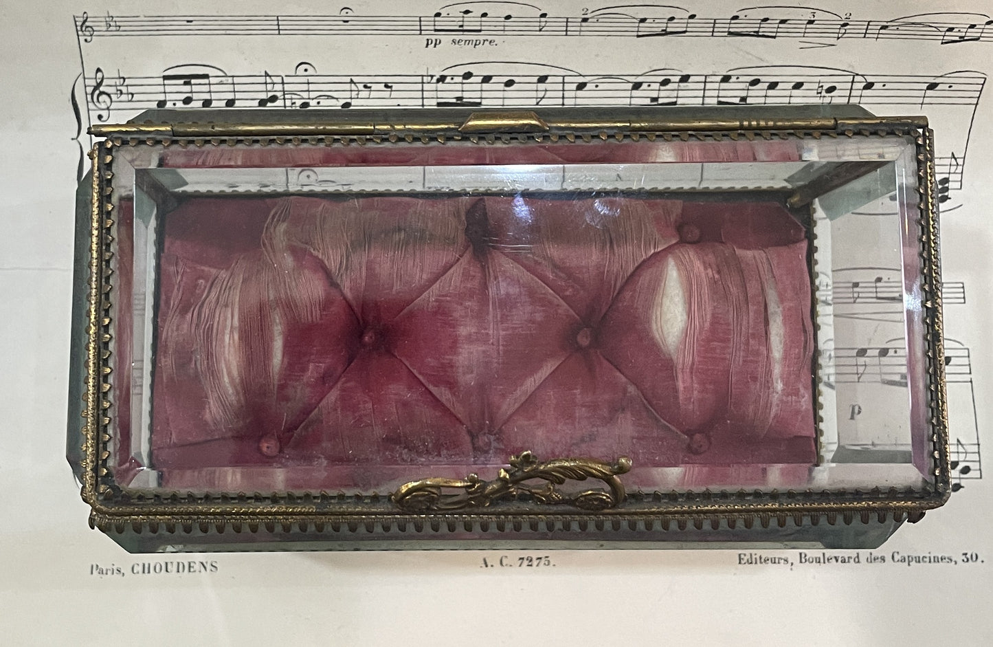Rare Large Antique French Jewelry Box Beveled Glass c1900