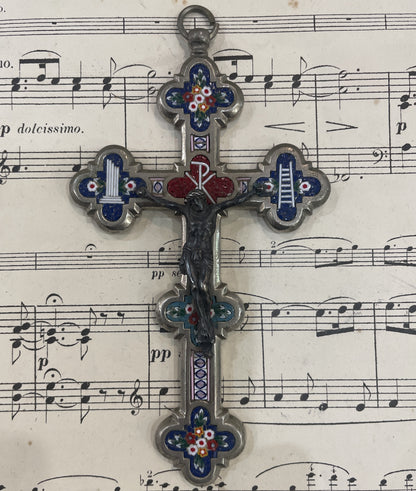 Antique Italian Micro Mosaic Micromosaic Cross Crucifix Roma Flowers c1900