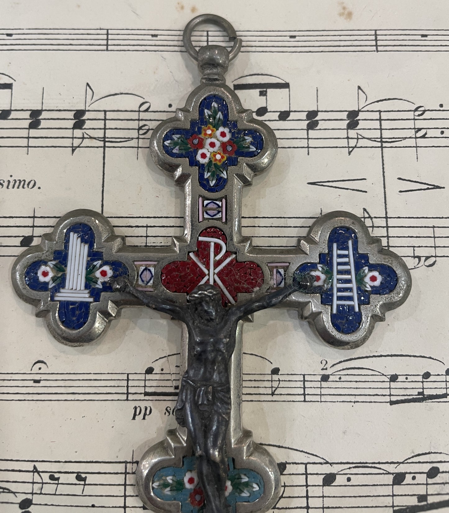 Antique Italian Micro Mosaic Micromosaic Cross Crucifix Roma Flowers c1900