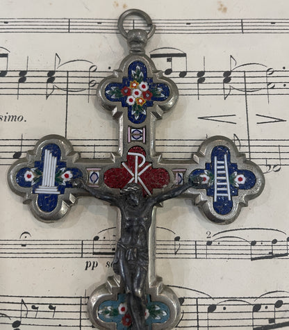 Antique Italian Micro Mosaic Micromosaic Cross Crucifix Roma Flowers c1900