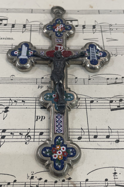 Antique Italian Micro Mosaic Micromosaic Cross Crucifix Roma Flowers c1900