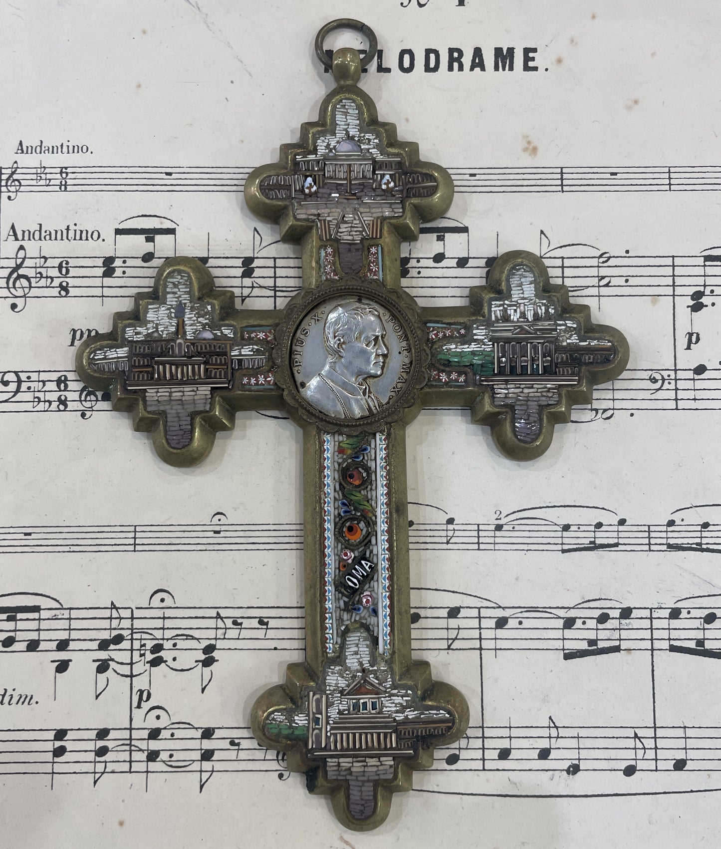Rare Antique Italian Micromosaic Micro Mosaic Cross Crucifix Roman Ruins Pius X c1910