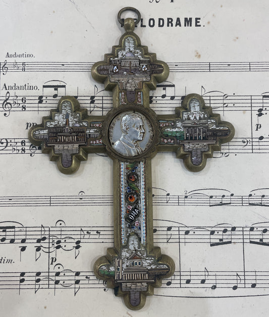 Rare Antique Italian Micromosaic Micro Mosaic Cross Crucifix Roman Ruins Pius X c1910