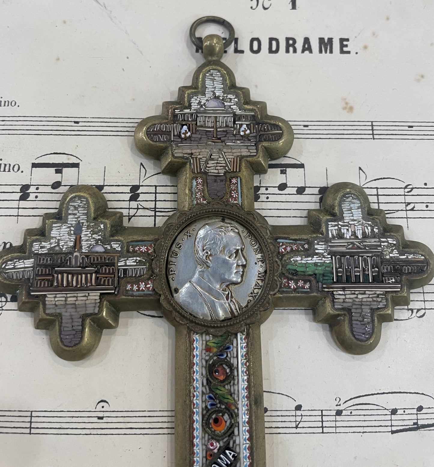 Rare Antique Italian Micromosaic Micro Mosaic Cross Crucifix Roman Ruins Pius X c1910