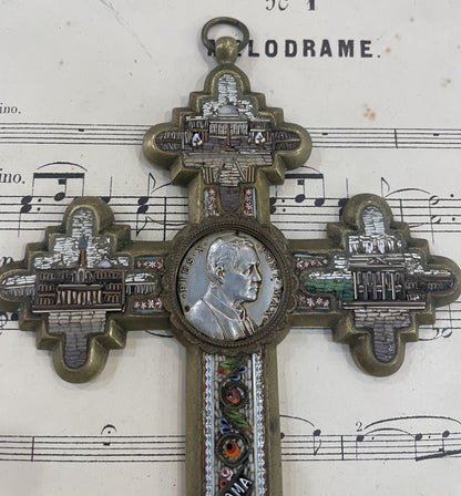Rare Antique Italian Micromosaic Micro Mosaic Cross Crucifix Roman Ruins Pius X c1910