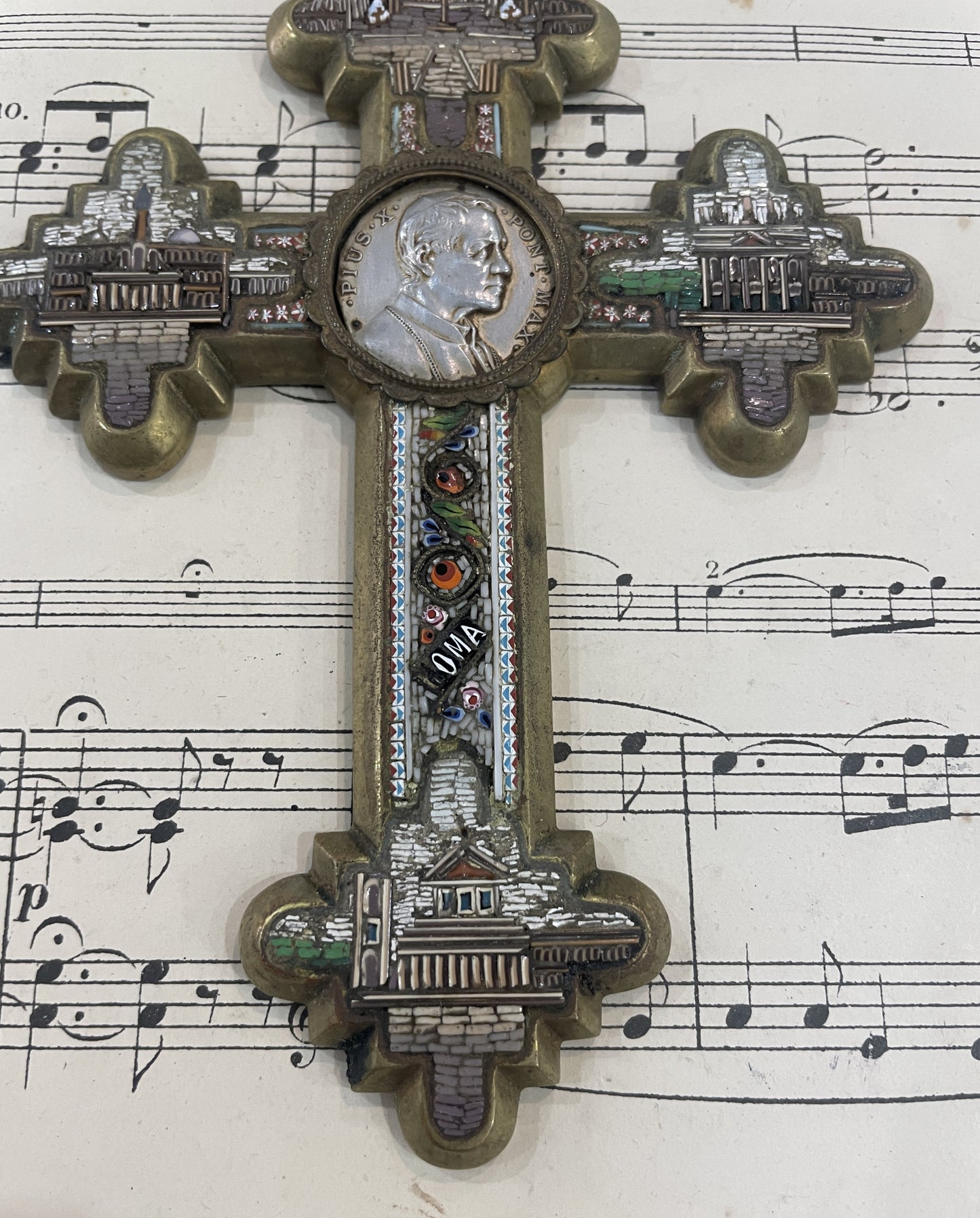 Rare Antique Italian Micromosaic Micro Mosaic Cross Crucifix Roman Ruins Pius X c1910