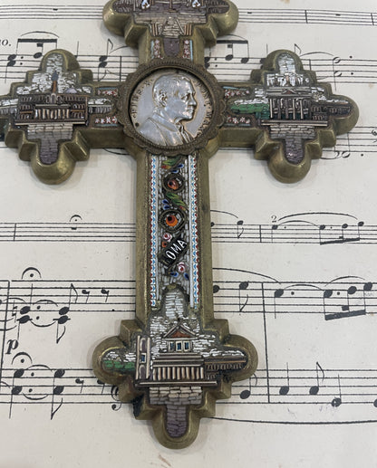 Rare Antique Italian Micromosaic Micro Mosaic Cross Crucifix Roman Ruins Pius X c1910