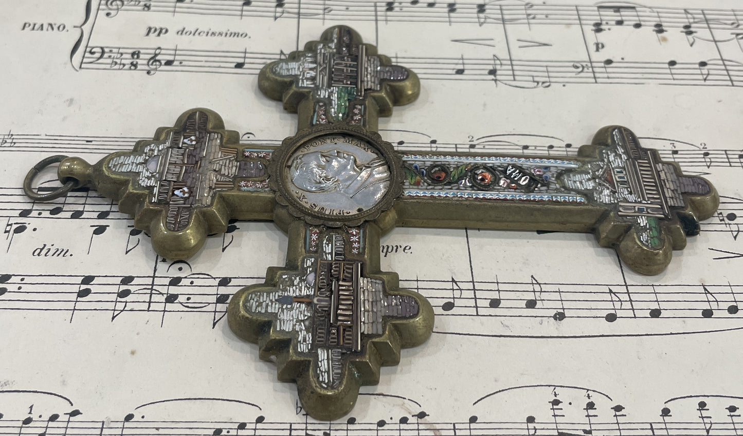 Rare Antique Italian Micromosaic Micro Mosaic Cross Crucifix Roman Ruins Pius X c1910