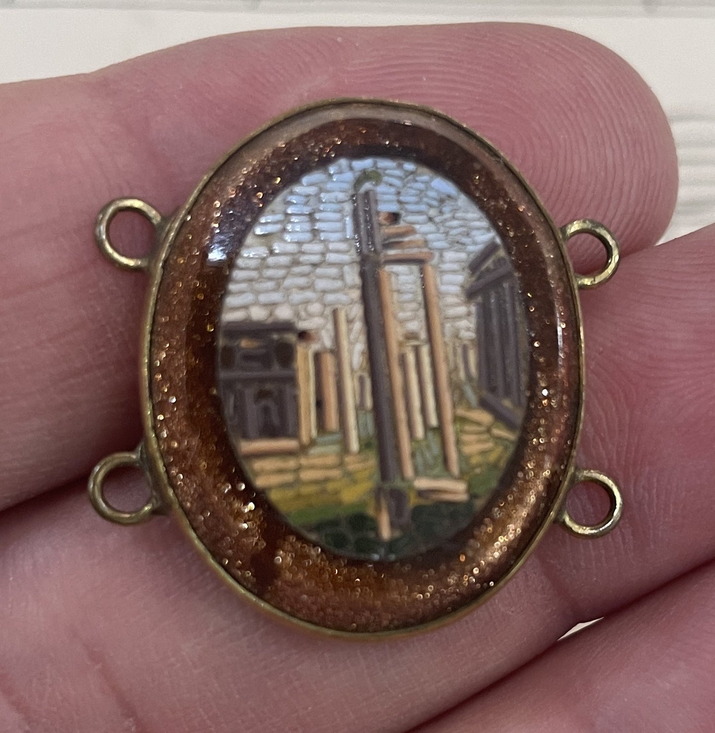 Rare Antique Italian Micromosaic Micro Mosaic Pendant Roman Ruin Goldstone c1880