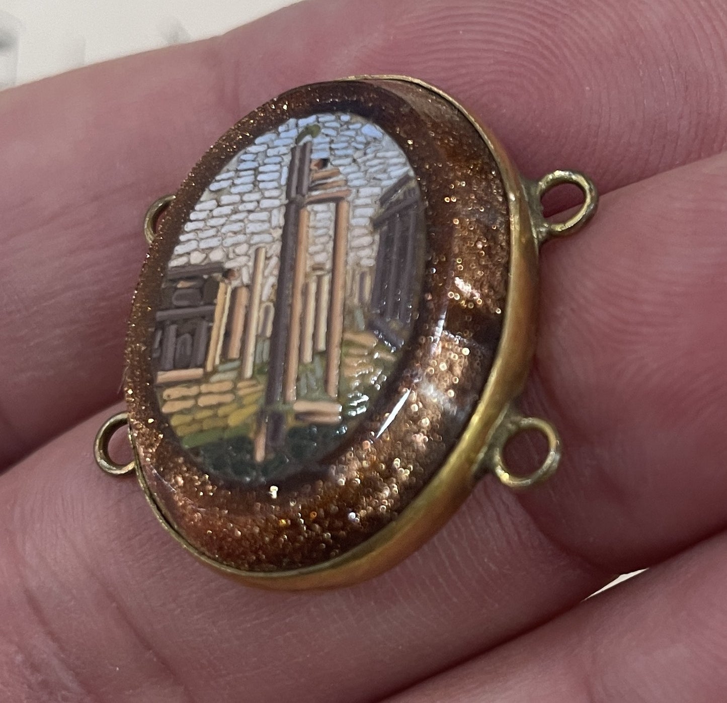 Rare Antique Italian Micromosaic Micro Mosaic Pendant Roman Ruin Goldstone c1880