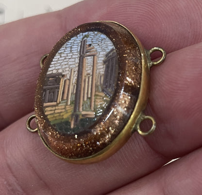 Rare Antique Italian Micromosaic Micro Mosaic Pendant Roman Ruin Goldstone c1880