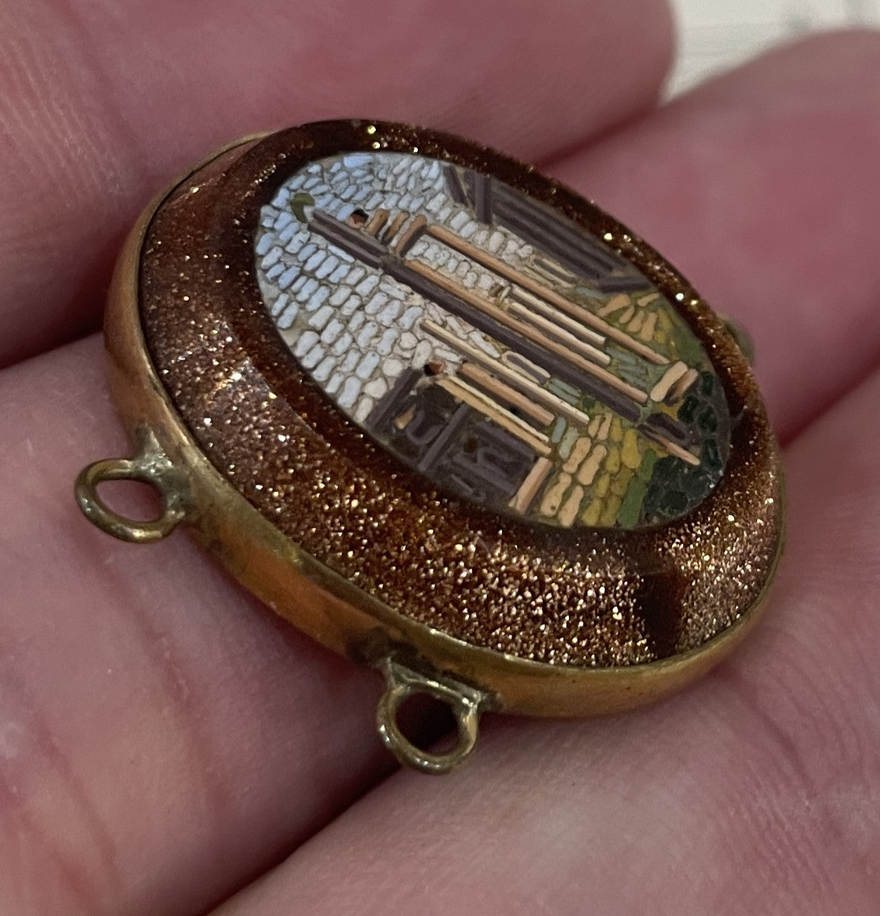 Rare Antique Italian Micromosaic Micro Mosaic Pendant Roman Ruin Goldstone c1880