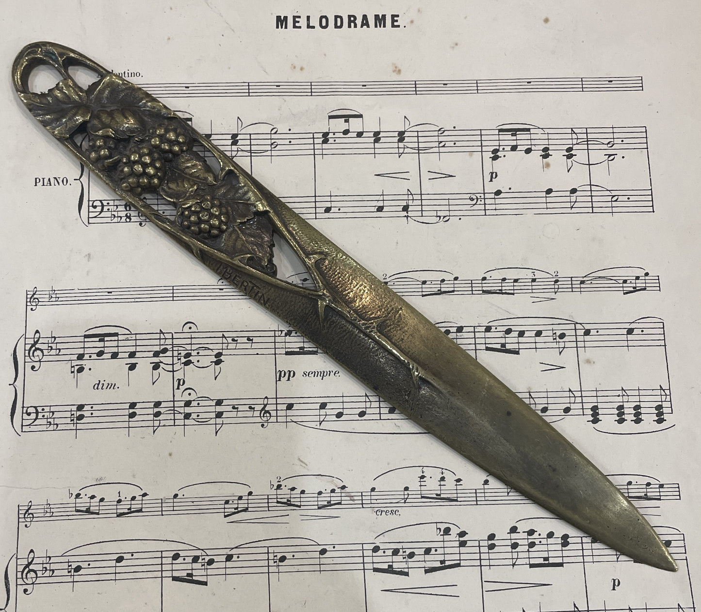 Rare Large Antique French Bronze Art Nouveau Letter Opener Blackberry Signed Bertin c1880