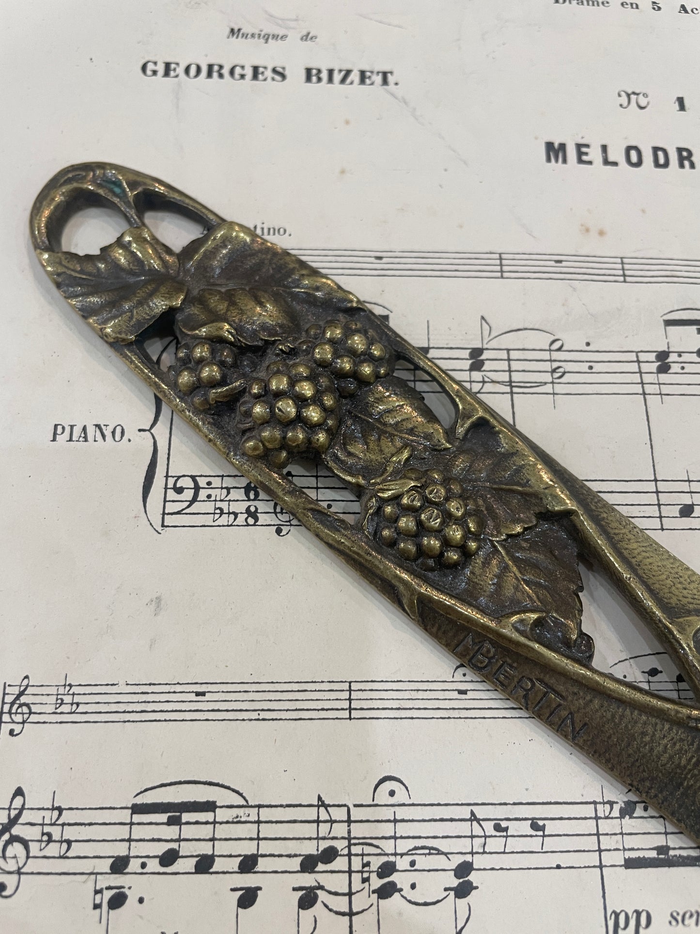 Rare Large Antique French Bronze Art Nouveau Letter Opener Blackberry Signed Bertin c1880