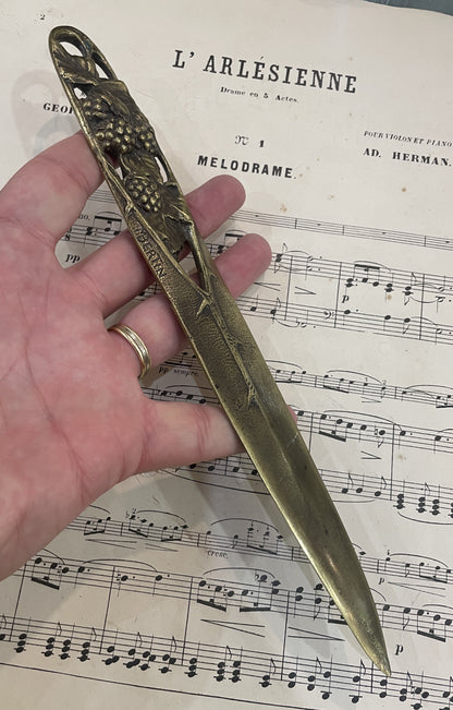 Rare Large Antique French Bronze Art Nouveau Letter Opener Blackberry Signed Bertin c1880