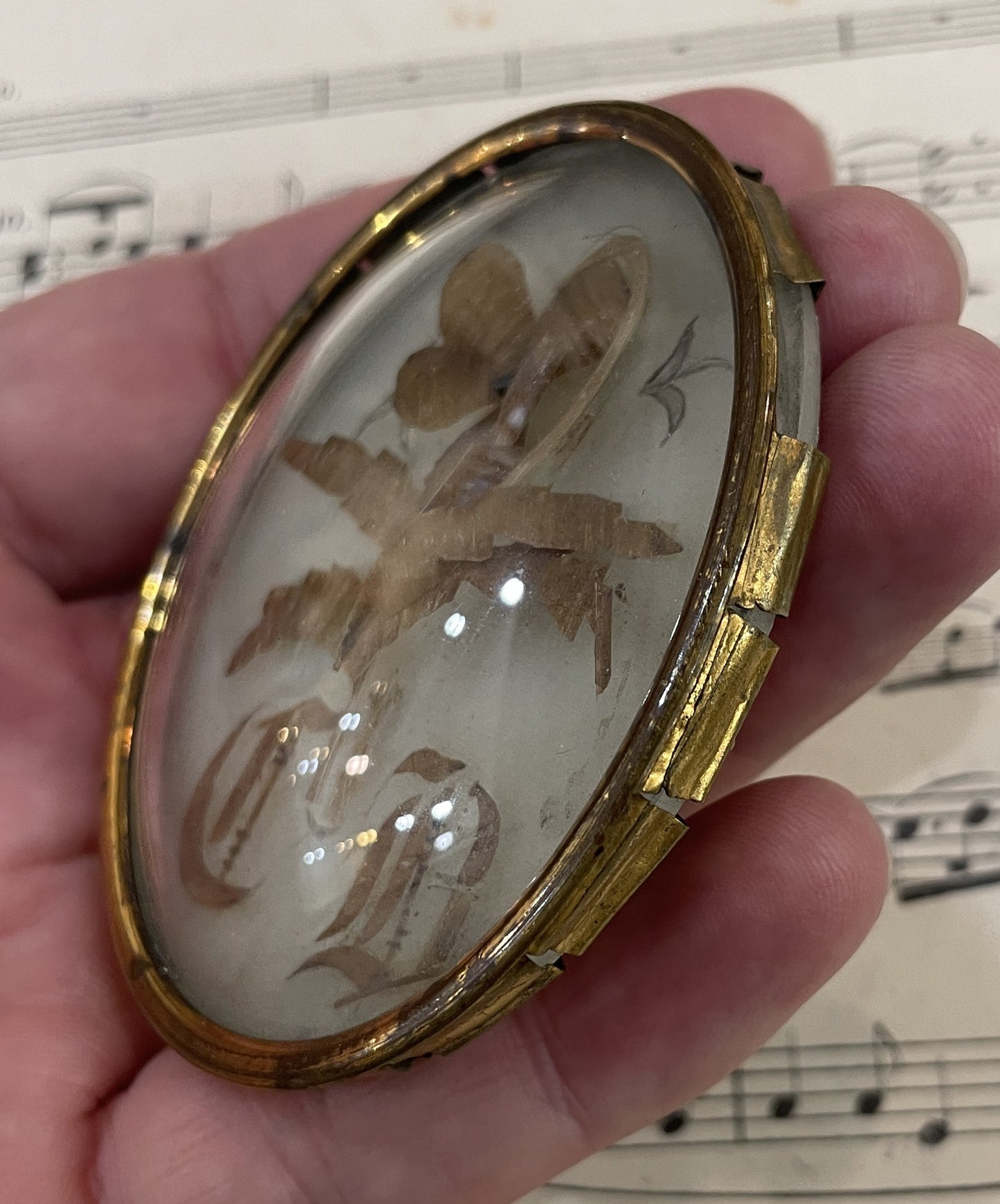 Antique French Mourning Hair Art Domed Glass c1880