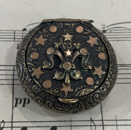 Antique French Pill Box Powder Puff with Mirror Fleur de Lys c1900
