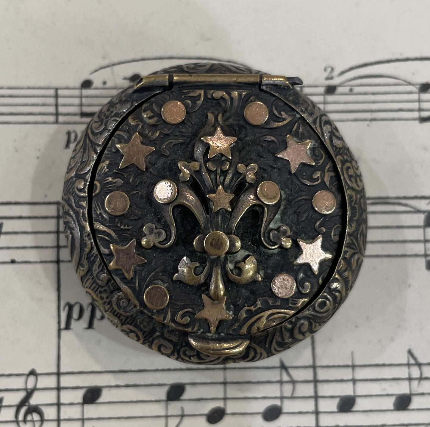 Antique French Pill Box Powder Puff with Mirror Fleur de Lys c1900