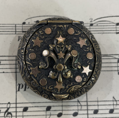 Antique French Pill Box Powder Puff with Mirror Fleur de Lys c1900