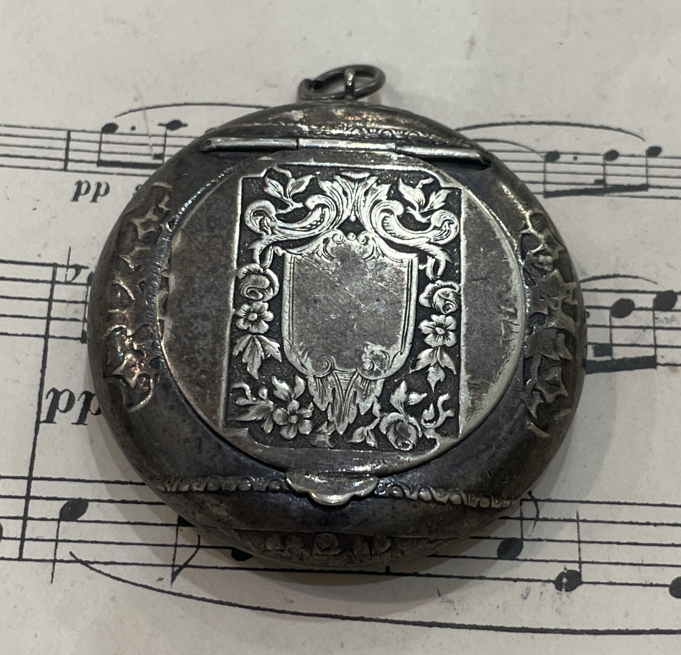 Antique French Pill Box Powder Puff with Mirror Flowers c1900