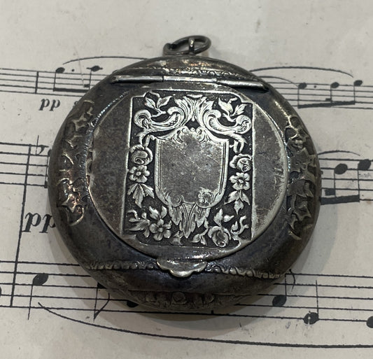 Antique French Pill Box Powder Puff with Mirror Flowers c1900