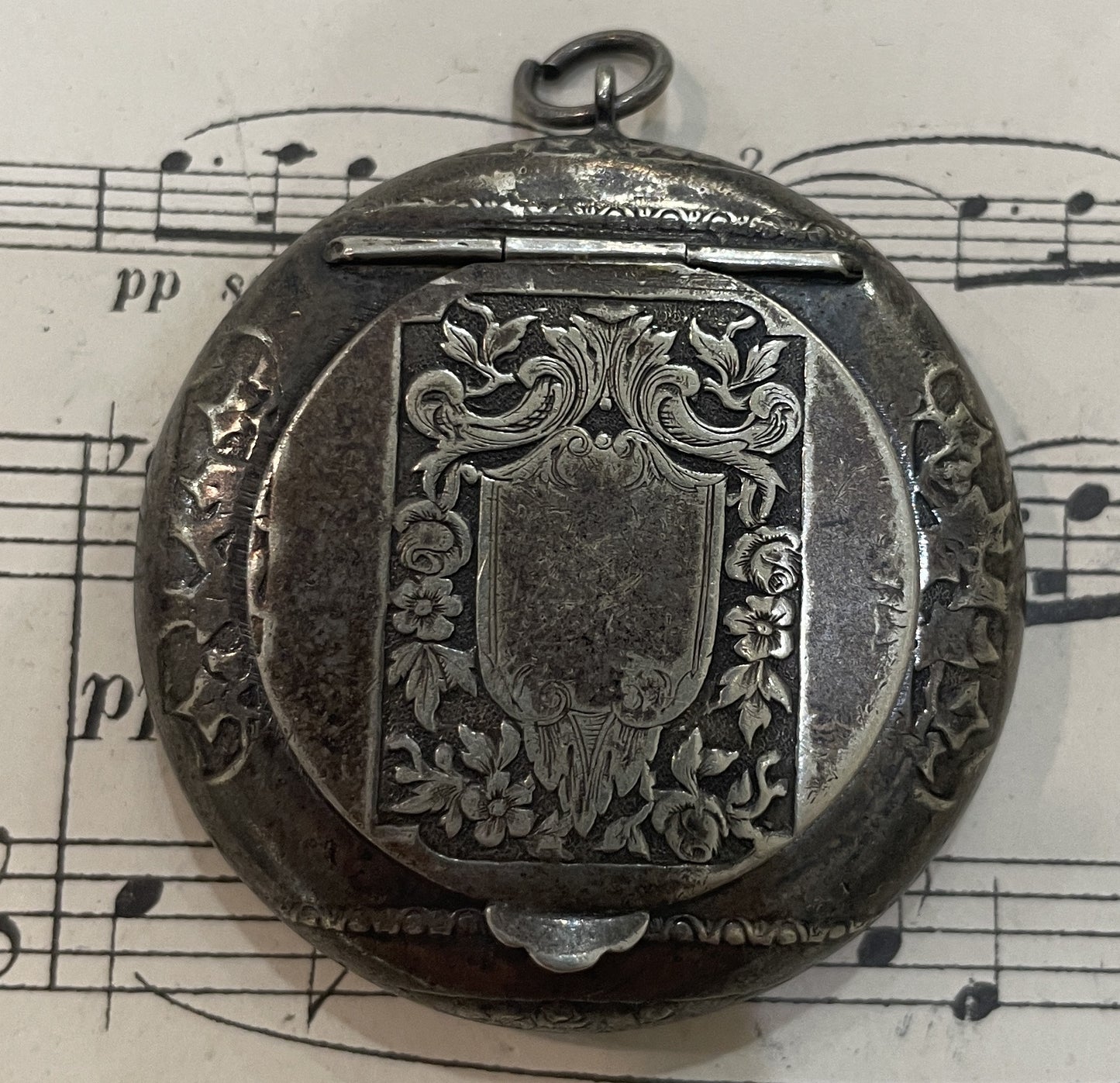 Antique French Pill Box Powder Puff with Mirror Flowers c1900