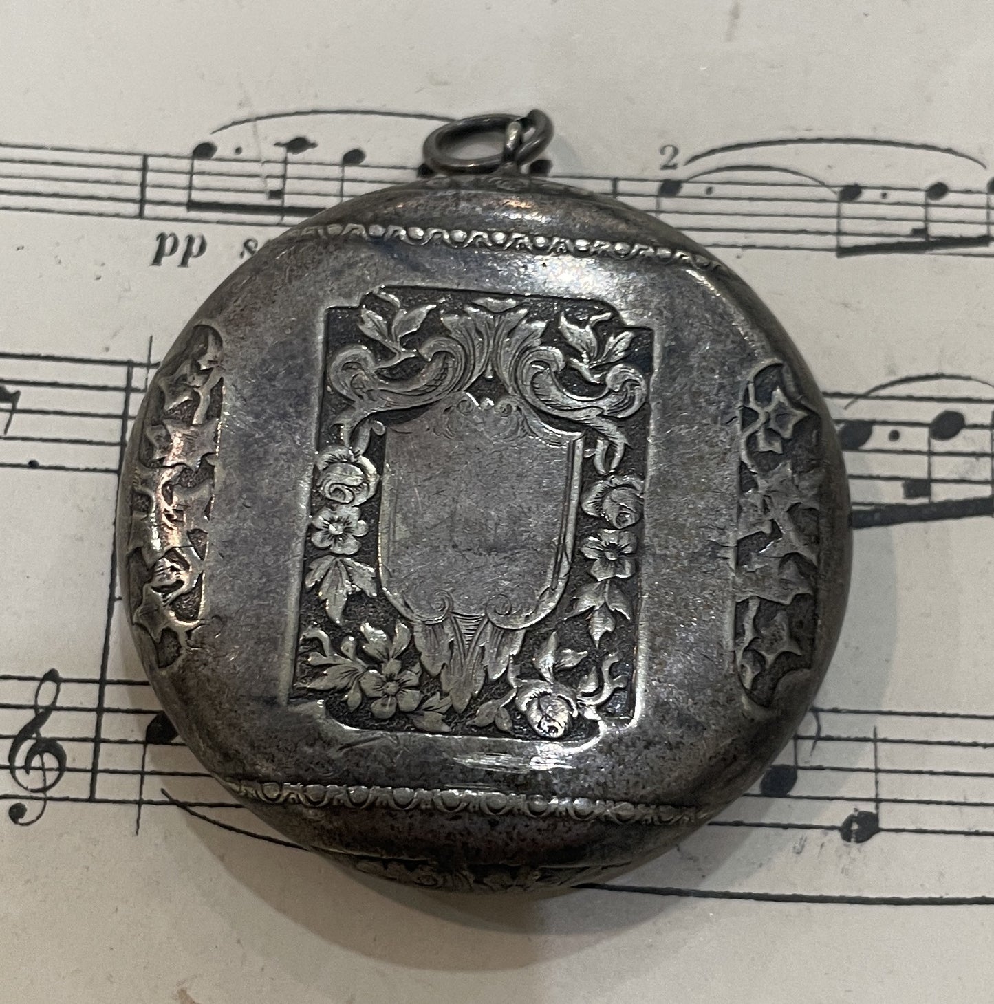 Antique French Pill Box Powder Puff with Mirror Flowers c1900