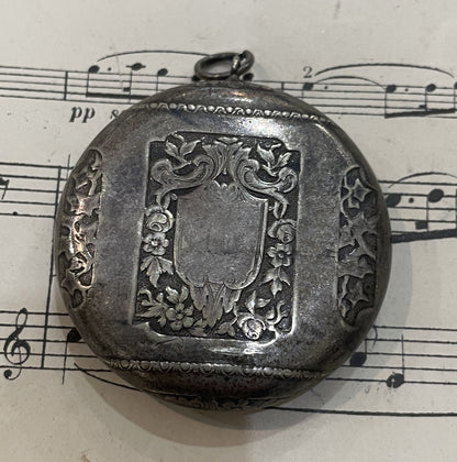 Antique French Pill Box Powder Puff with Mirror Flowers c1900