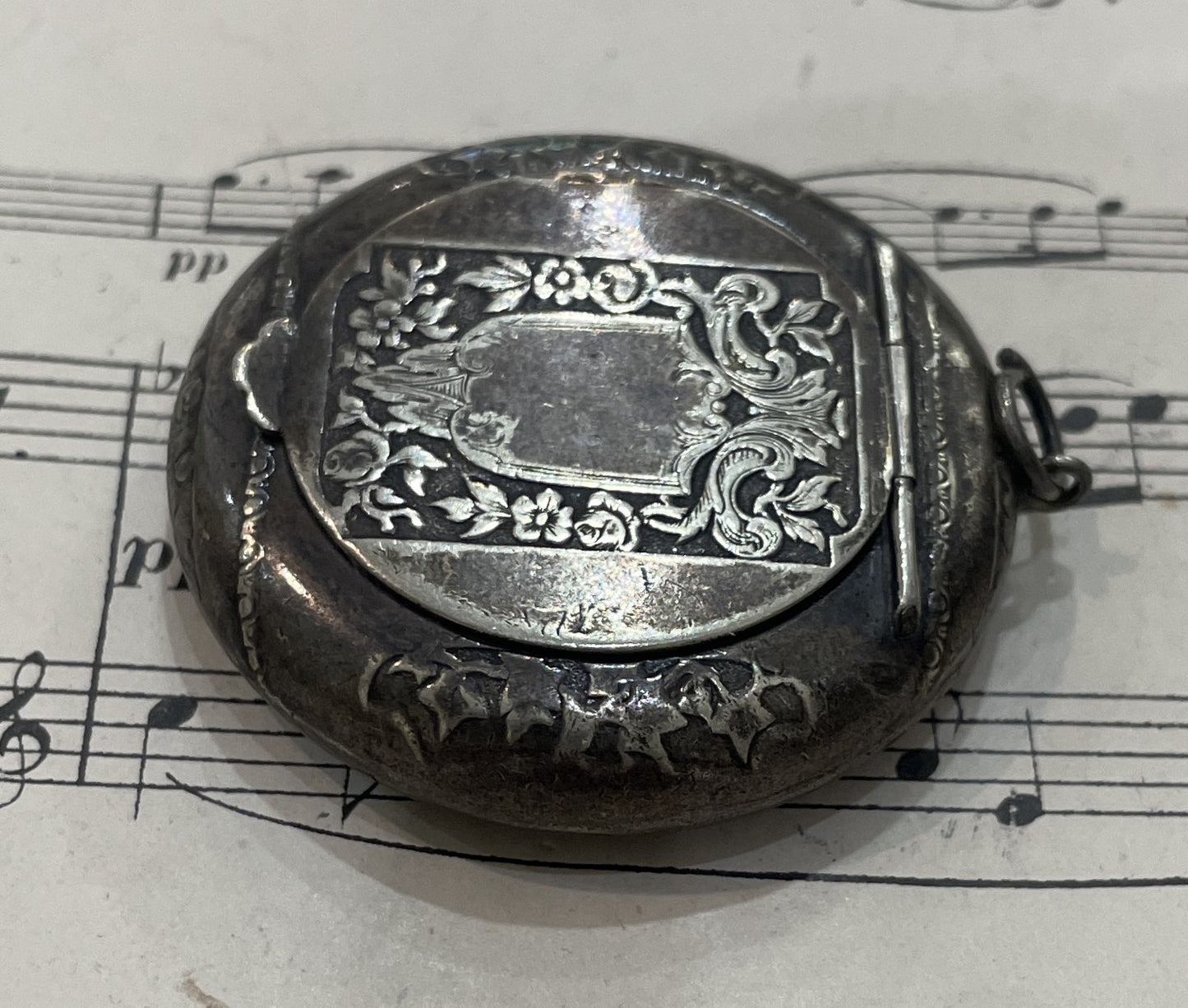 Antique French Pill Box Powder Puff with Mirror Flowers c1900