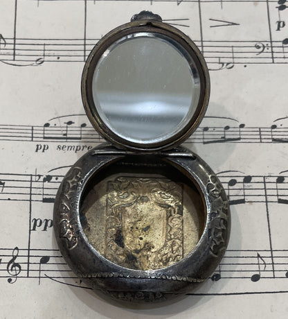 Antique French Pill Box Powder Puff with Mirror Flowers c1900
