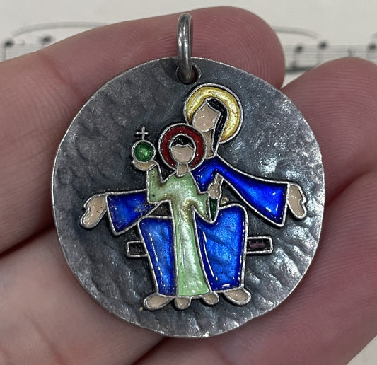 Large Vintage French Silver 800 Enameled Medal Mary Jesus