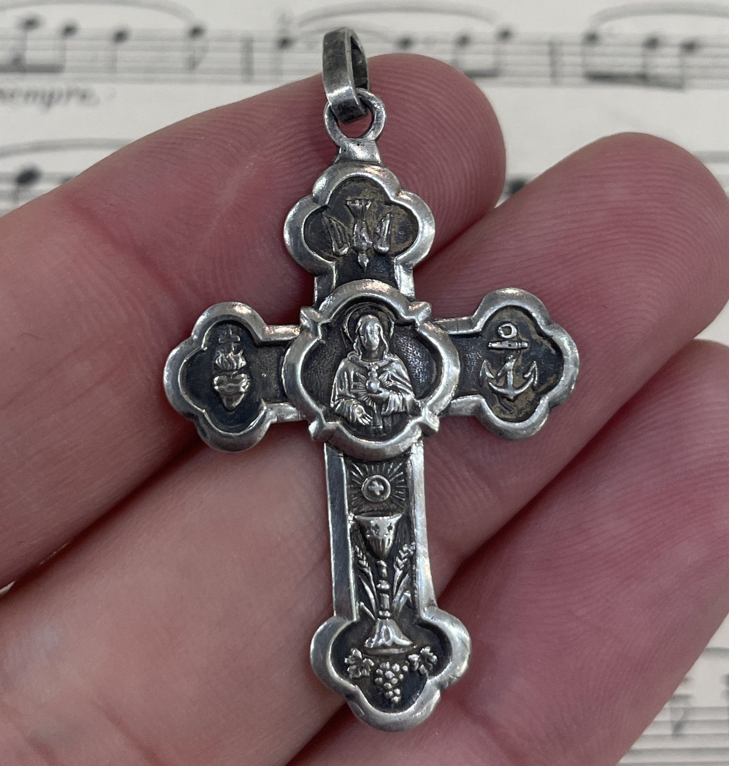 Antique Art Nouveau French Sterling Silver Pendant Cross Heart Anchor Holy Spirit c1878