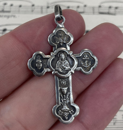 Antique Art Nouveau French Sterling Silver Pendant Cross Heart Anchor Holy Spirit c1878