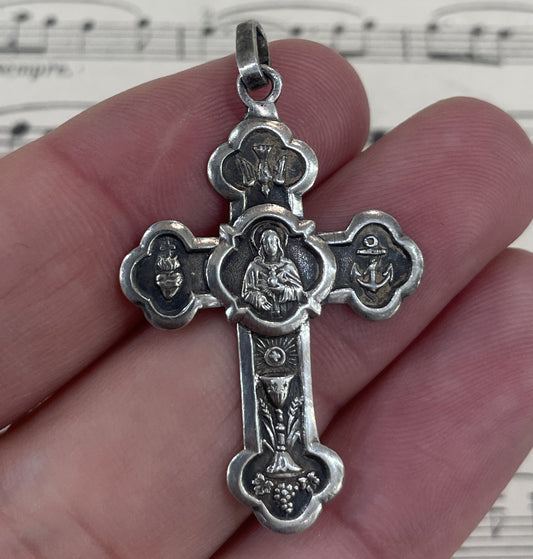 Antique Art Nouveau French Sterling Silver Pendant Cross Heart Anchor Holy Spirit c1878