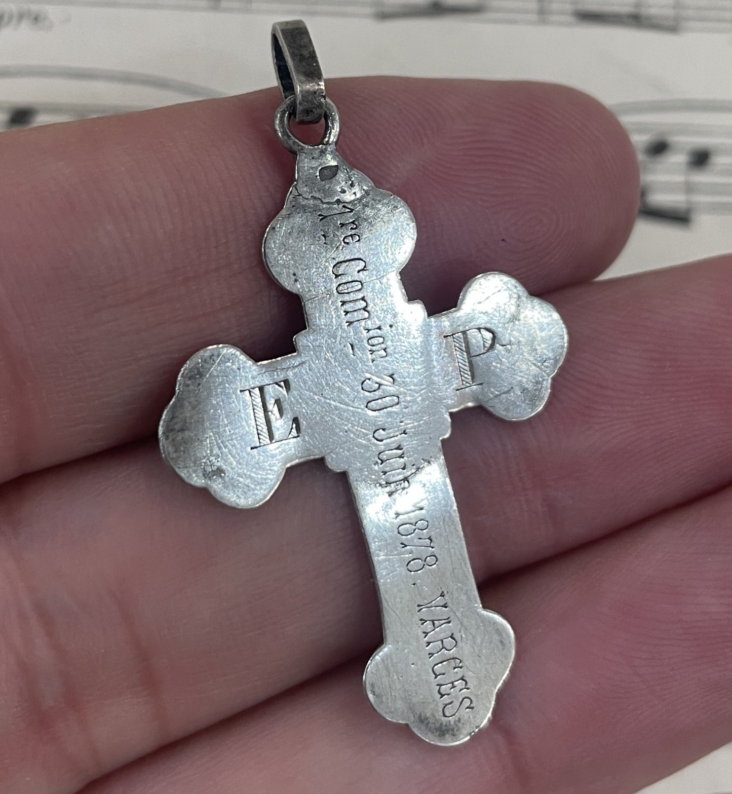 Antique Art Nouveau French Sterling Silver Pendant Cross Heart Anchor Holy Spirit c1878