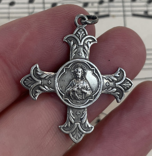 Antique Art Nouveau French Sterling Silver Pendant Cross Jesus c1900