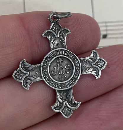 Antique Art Nouveau French Sterling Silver Pendant Cross Jesus c1900