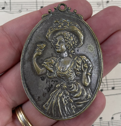 Antique Art Nouveau French Sliding Mirror Pendant Woman Bird c1910
