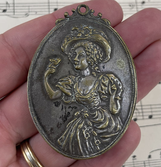 Antique Art Nouveau French Sliding Mirror Pendant Woman Bird c1910