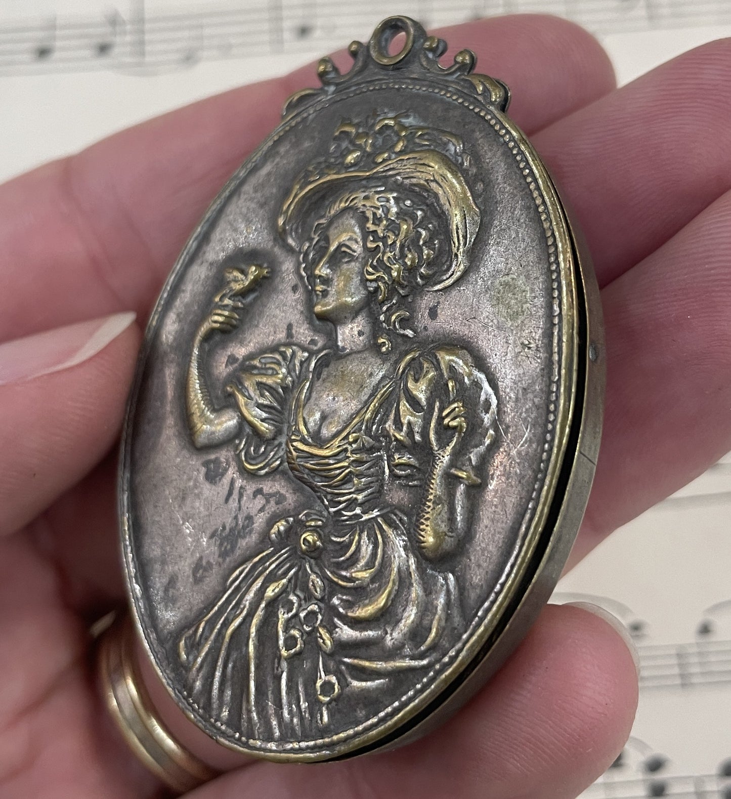 Antique Art Nouveau French Sliding Mirror Pendant Woman Bird c1910