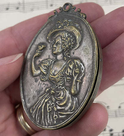 Antique Art Nouveau French Sliding Mirror Pendant Woman Bird c1910