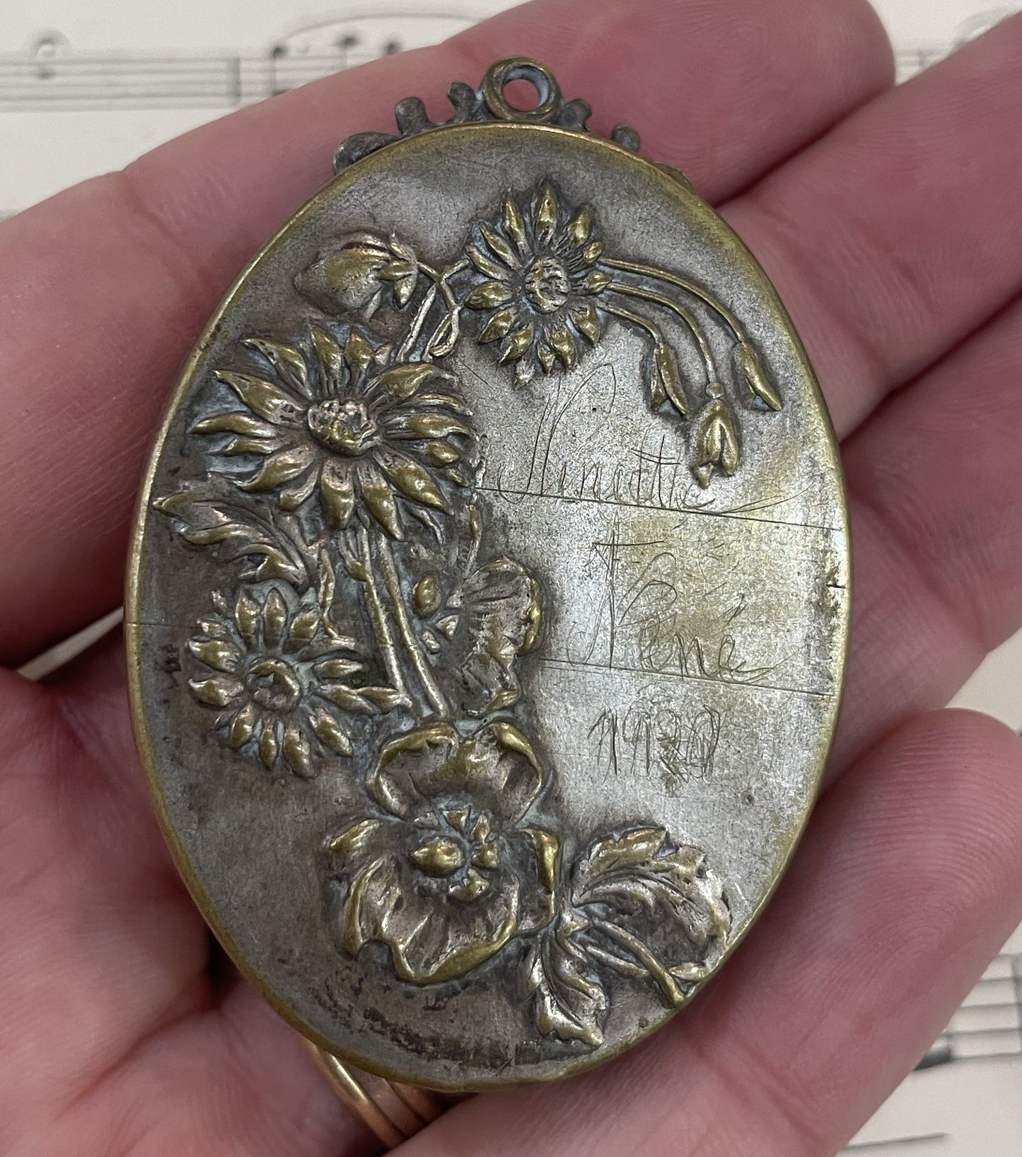 Antique Art Nouveau French Sliding Mirror Pendant Woman Bird c1910